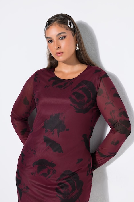 Maxikleid, Slim Shape, Mesh mit Motiv, Langarm