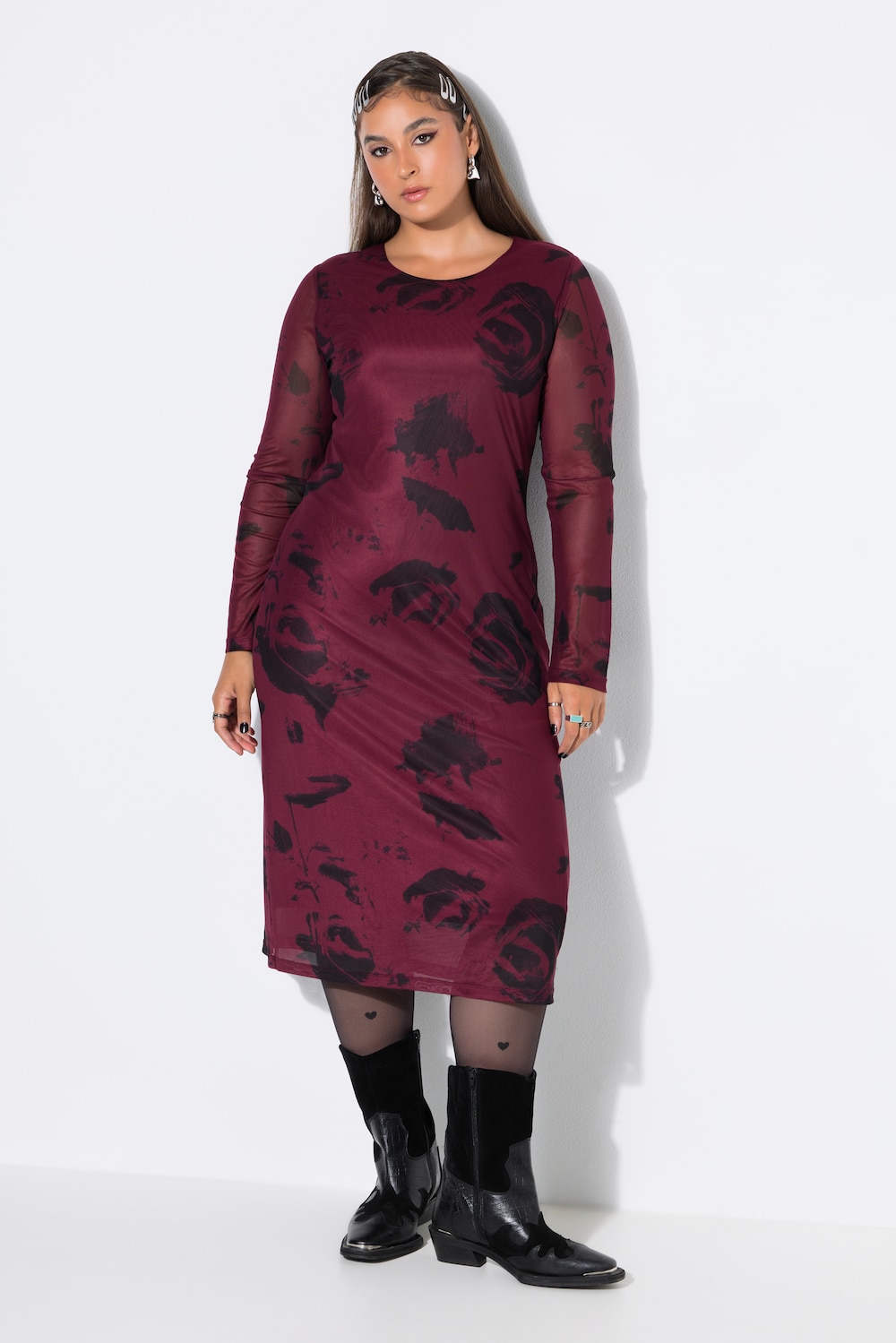 Maxikleid, Slim Shape, Mesh mit Motiv, Langarm