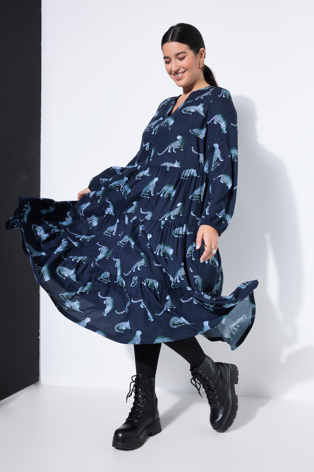 Maxikleid, Leoparden, V-Ausschnitt, Volants