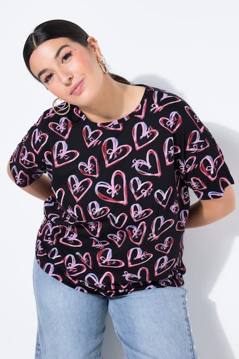 T-shirt, oversized, print met hartstrikjes