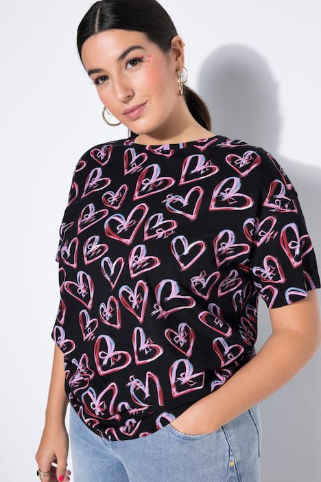 T-shirt, oversized, print met hartstrikjes