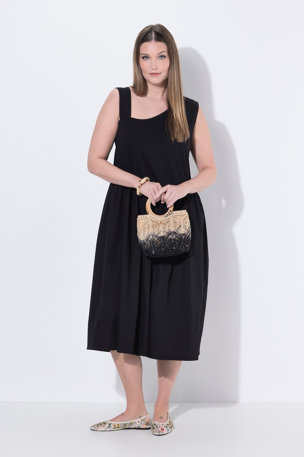 Midikjole, A-linje, V-udskæring, ærmeløs, økologisk bomuld