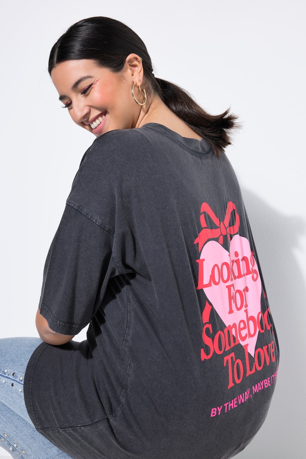 T-Shirt, Heart-Print vorne und gross hinten, Acid Wash