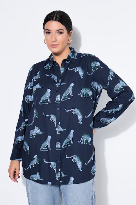 Hemdbluse, Straight Shape, Leoparden, Langarm