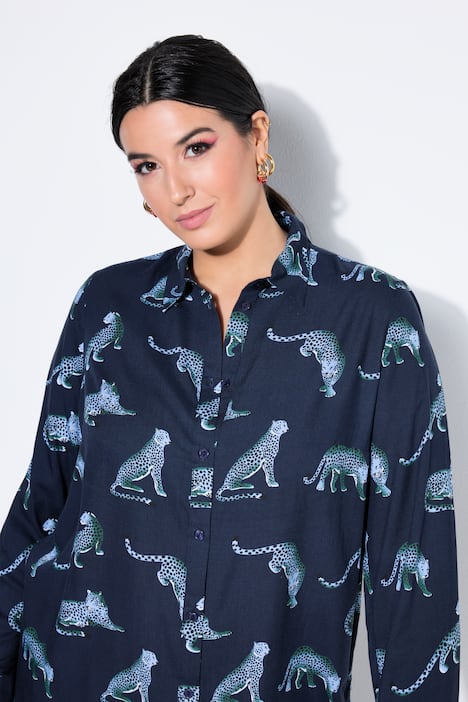 Hemdbluse, Straight Shape, Leoparden, Langarm