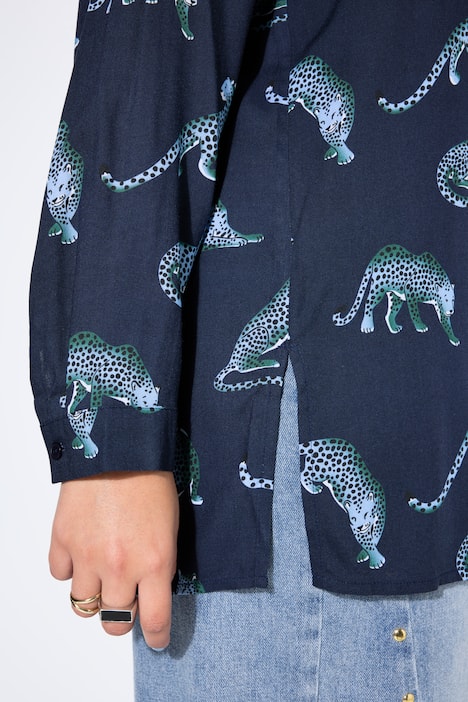 Hemdbluse, Straight Shape, Leoparden, Langarm