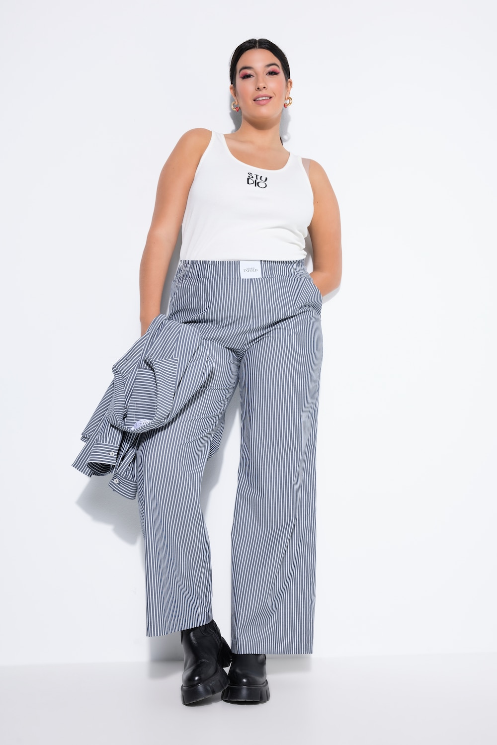 Bukser, brede ben, striber, lap, elastisk linning