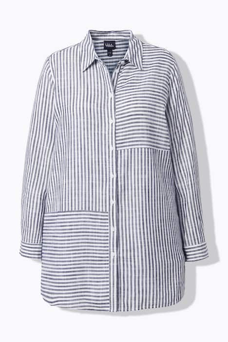 Bluse, Leinenmix, Patchmuster, Hemdkragen, Langarm