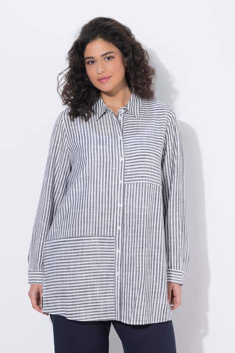 Bluse, Leinenmix, Patchmuster, Hemdkragen, Langarm