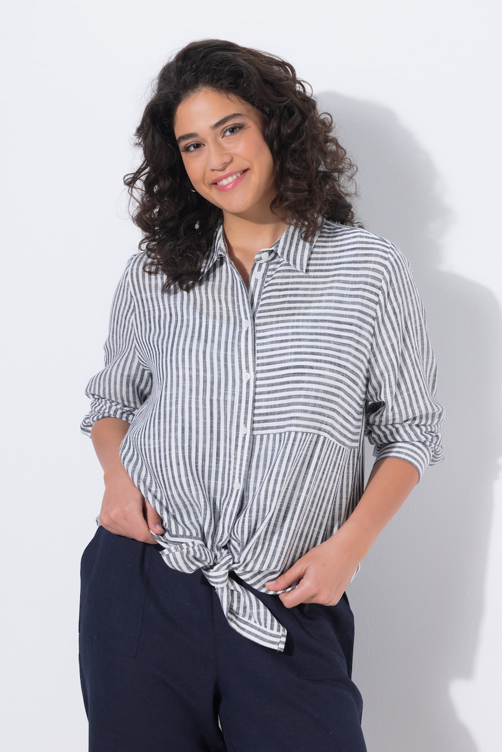 Bluse, Leinenmix, Patchmuster, Hemdkragen, Langarm