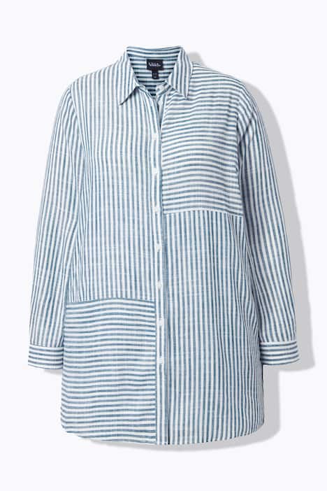 Bluse, Leinenmix, Patchmuster, Hemdkragen, Langarm