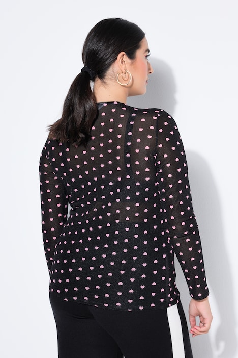 Topp, slim shape, mesh, Heart-print, lång ärm