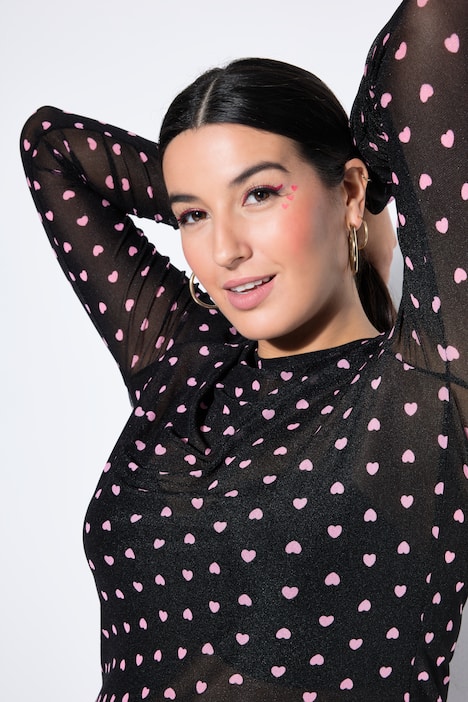 Topp, slim shape, mesh, Heart-print, lång ärm