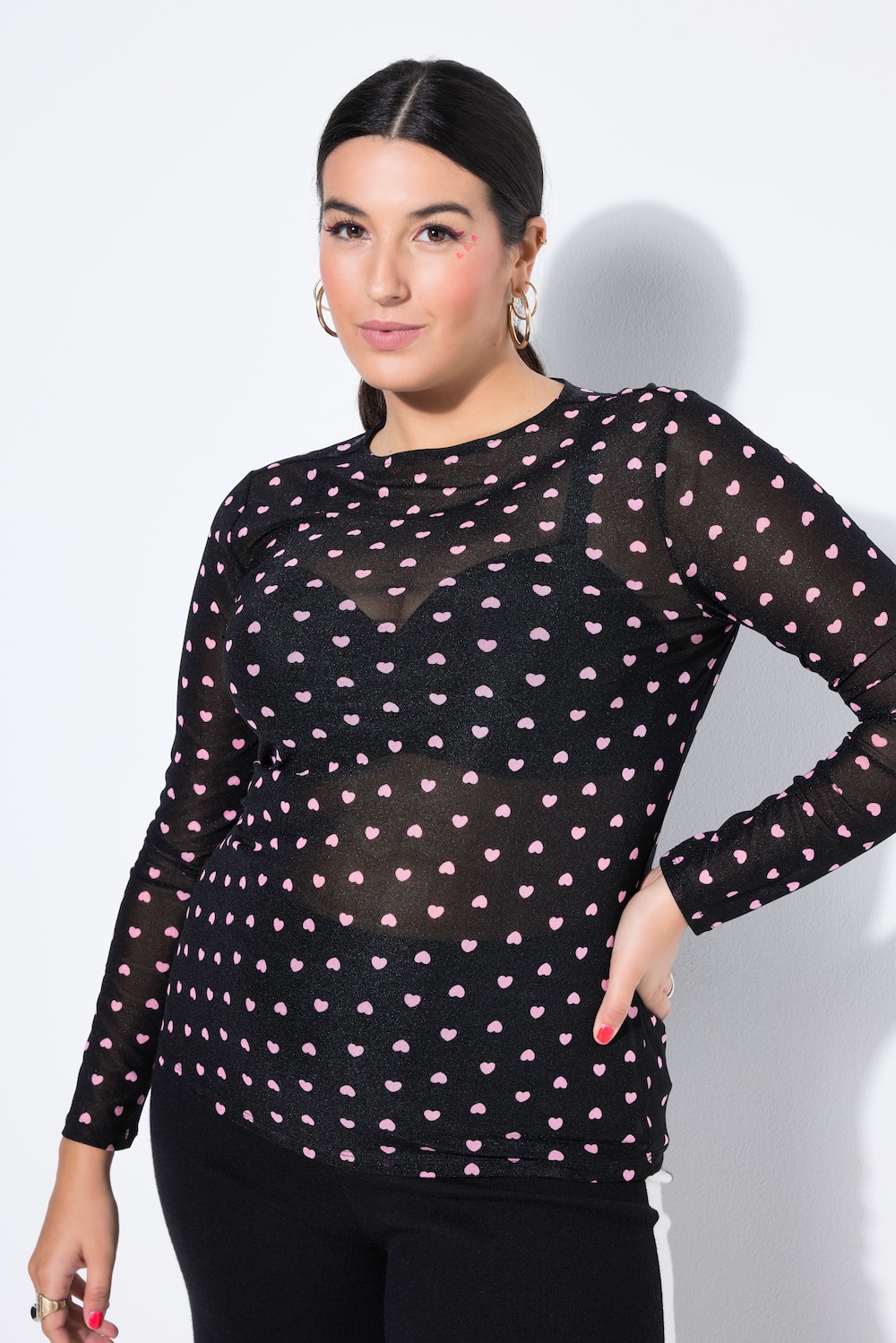 T-Shirt, Slim Shape, Mesh, Heart-Muster, Langarm