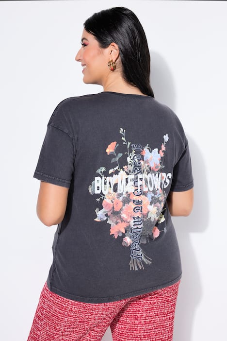 T-shirt, oversized, bloemen-statement, acid wash