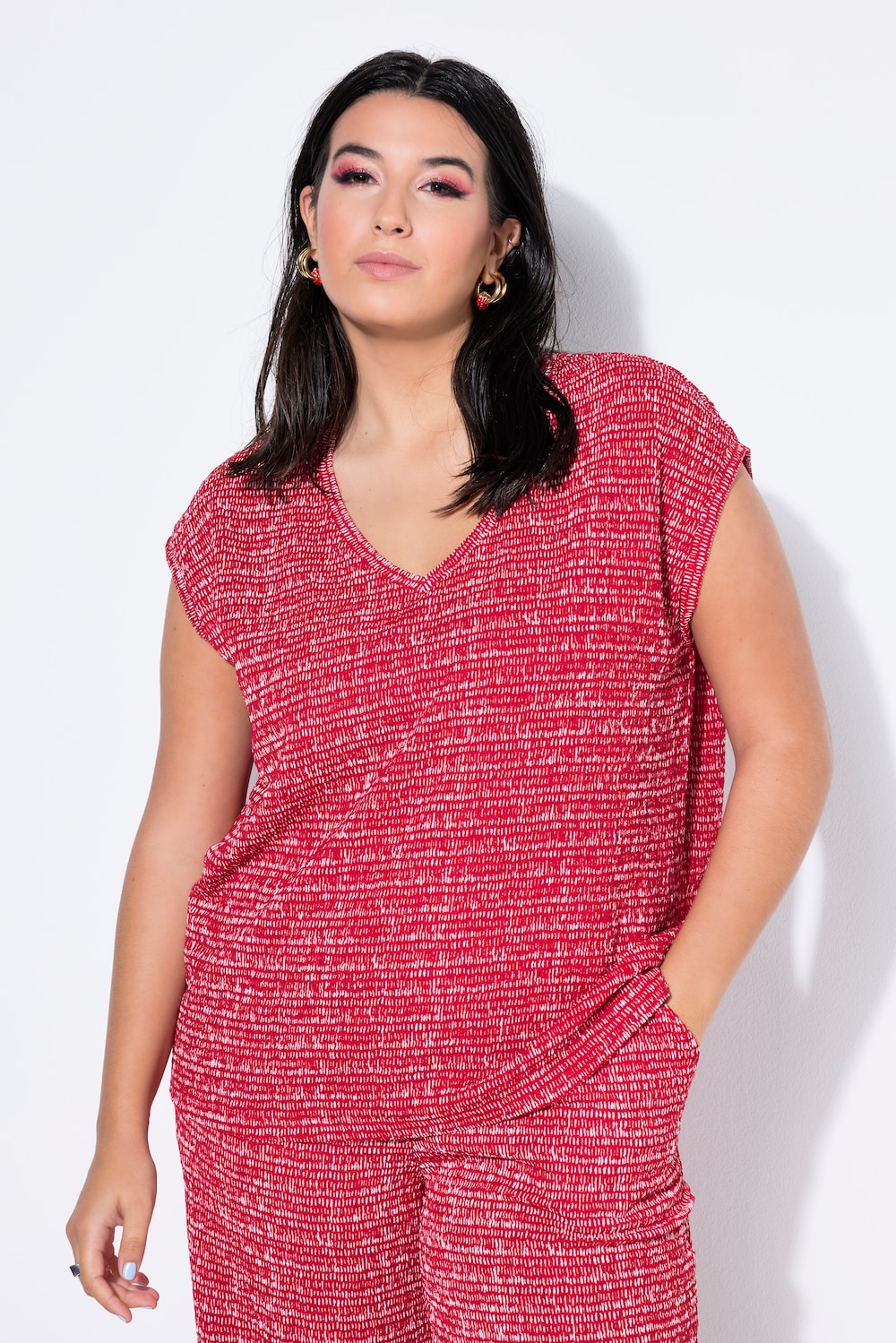 T-shirt, oversized, structuur, V-hals