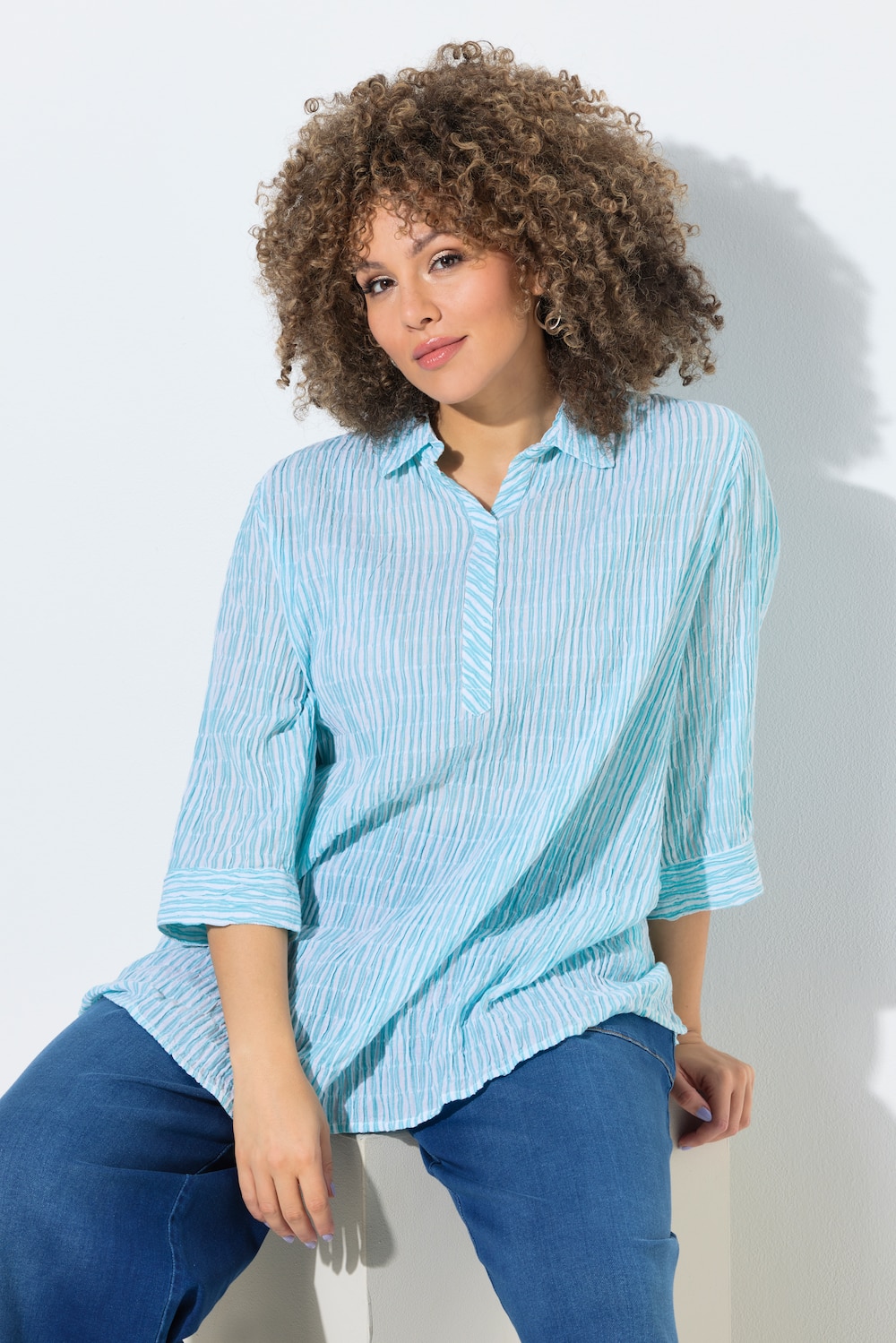 Bluse, Streifen, A-Linie, Hemdkragen, Langarm