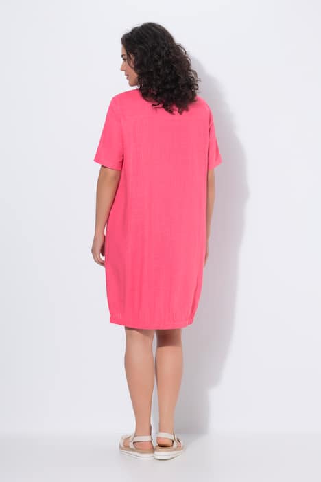 Jurk, linnenmix, A-lijn, ronde hals, korte mouwen, zakken