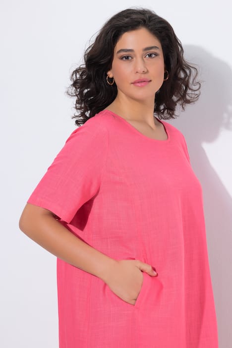 Jurk, linnenmix, A-lijn, ronde hals, korte mouwen, zakken