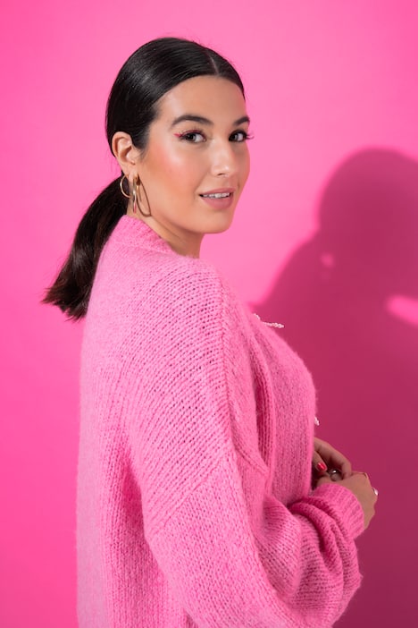 Strickjacke, oversized, Schleifenknöpfe