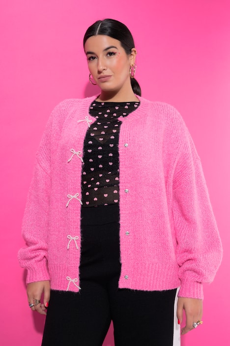 Strickjacke, oversized, Schleifenknöpfe