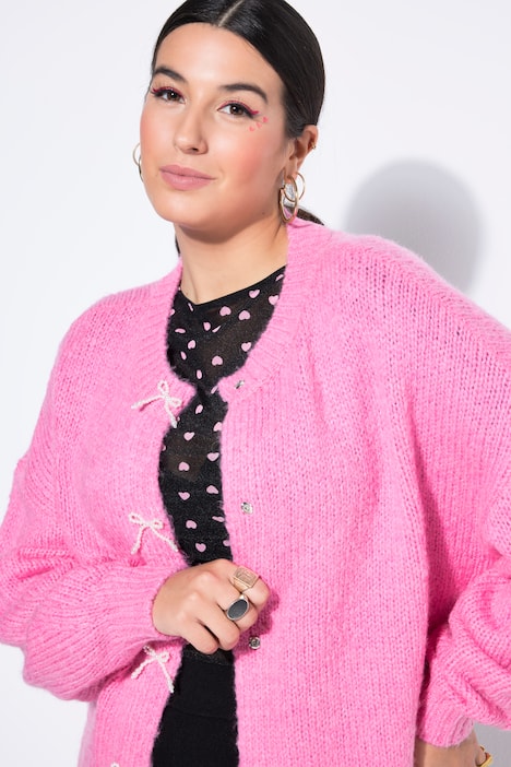 Strickjacke, oversized, Schleifenknöpfe