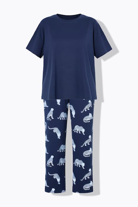 Pyjama, Zweiteiler, uni Shirt, lange Hose, Leoparden