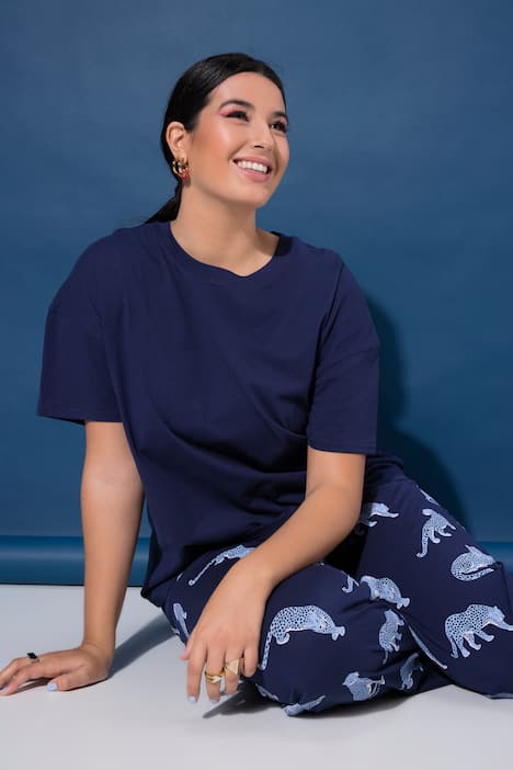 Pyjama, Zweiteiler, uni Shirt, lange Hose, Leoparden