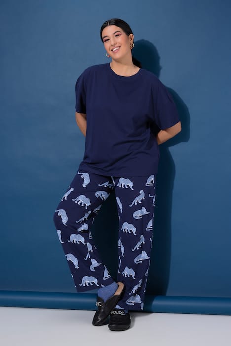 Pyjama, Zweiteiler, uni Shirt, lange Hose, Leoparden