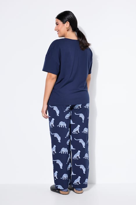 Pyjama, Zweiteiler, uni Shirt, lange Hose, Leoparden
