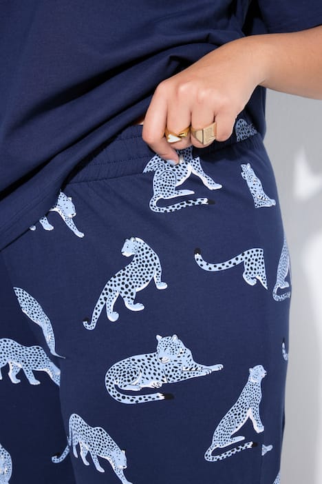Pyjama, Zweiteiler, uni Shirt, lange Hose, Leoparden
