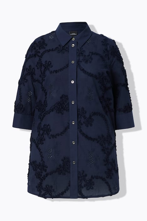 Chemisier long avec broderies, col chemise et manches 3/4