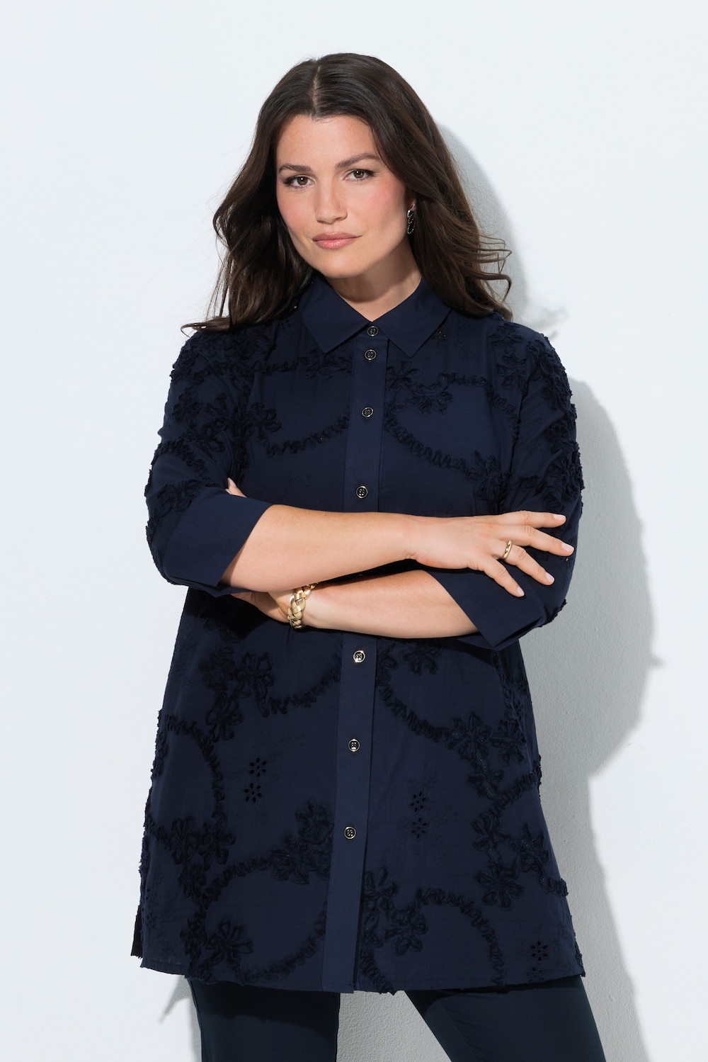 Longbluse, Stickerei, Hemdkragen, 3/4-Arm