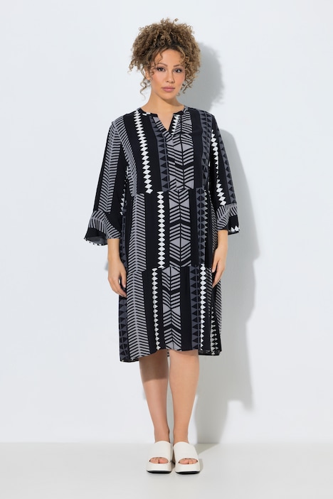 Robe imprimé graphique, col tunisien et manches 3/4