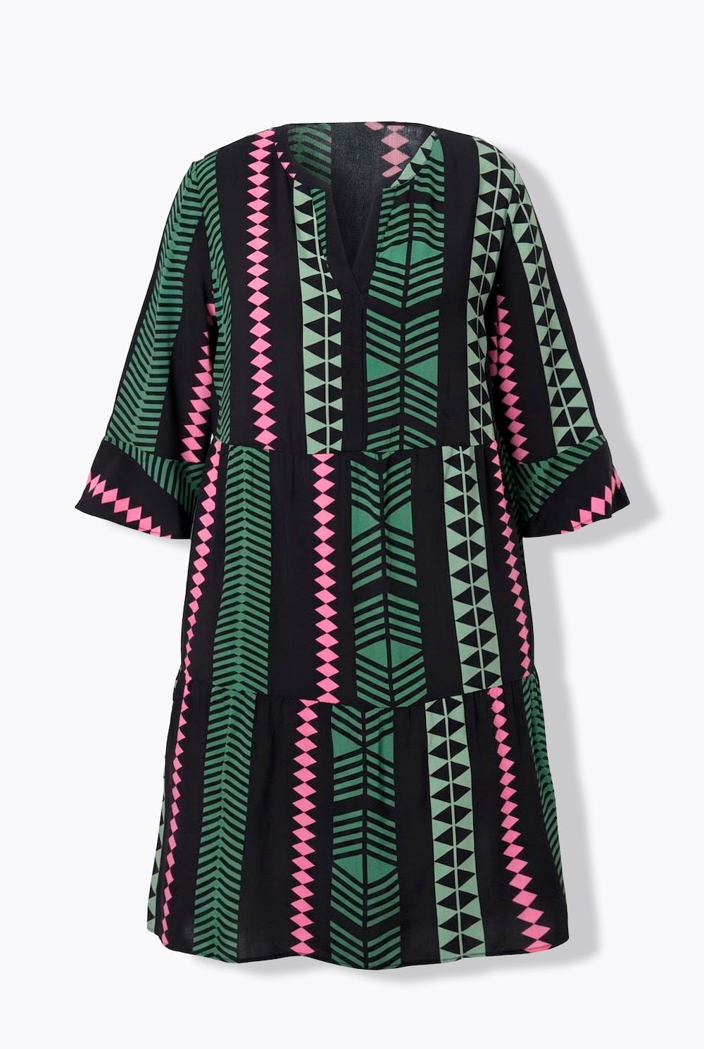 Kleid, grafischer Druck, Tunika-Ausschnitt, 3/4-Arm