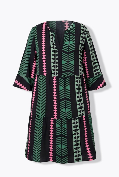 Robe imprimé graphique, col tunisien et manches 3/4