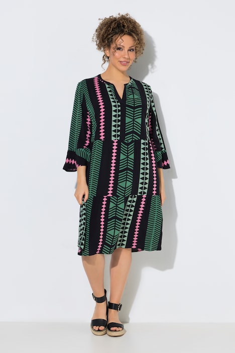 Robe imprimé graphique, col tunisien et manches 3/4