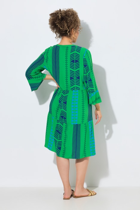 Robe imprimé graphique, col tunisien et manches 3/4