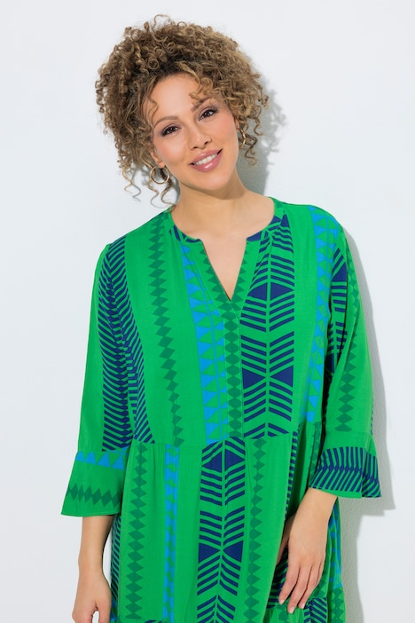 Robe imprimé graphique, col tunisien et manches 3/4