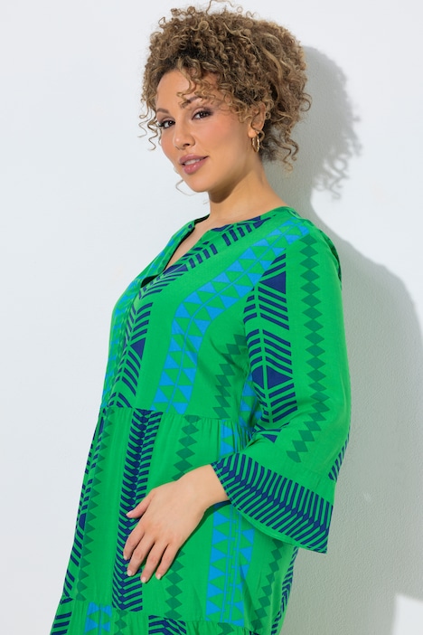 Robe imprimé graphique, col tunisien et manches 3/4