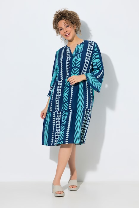 Robe imprimé graphique, col tunisien et manches 3/4
