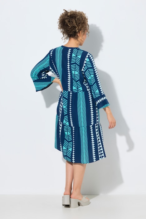 Robe imprimé graphique, col tunisien et manches 3/4