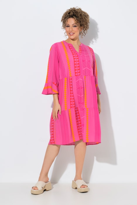 Robe imprimé graphique, col tunisien et manches 3/4