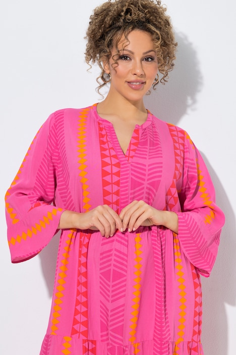 Robe imprimé graphique, col tunisien et manches 3/4