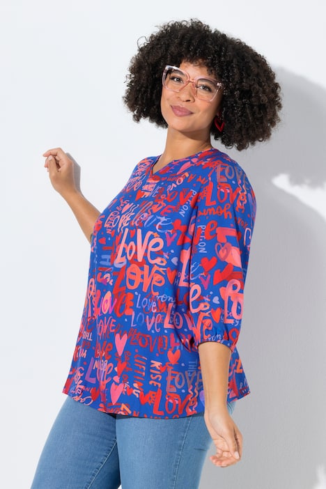 Bluse, LOVE-Muster, Schlupfform, 3/4-Ärmel