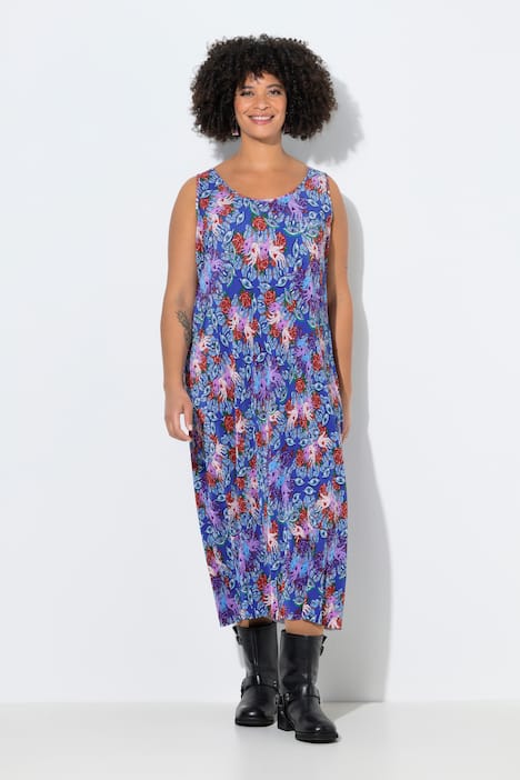 Plisseekleid, ärmellose A-Linie, Maxilänge, Rosenmuster