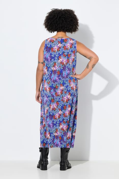 Plisseekleid, ärmellose A-Linie, Maxilänge, Rosenmuster