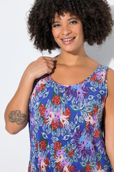 Plisseekleid, ärmellose A-Linie, Maxilänge, Rosenmuster