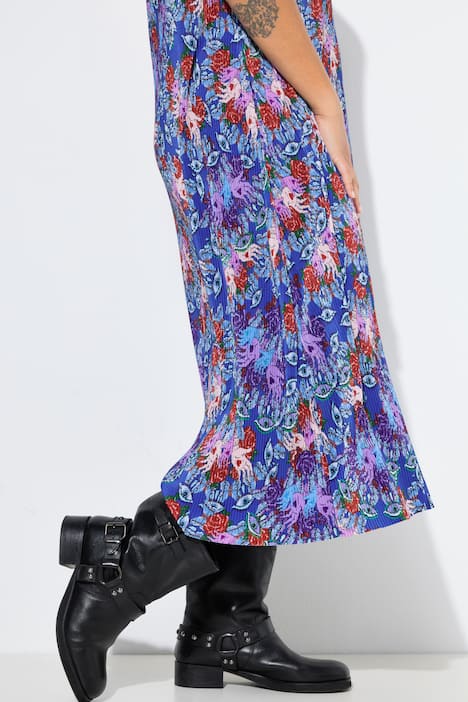 Plisseekleid, ärmellose A-Linie, Maxilänge, Rosenmuster