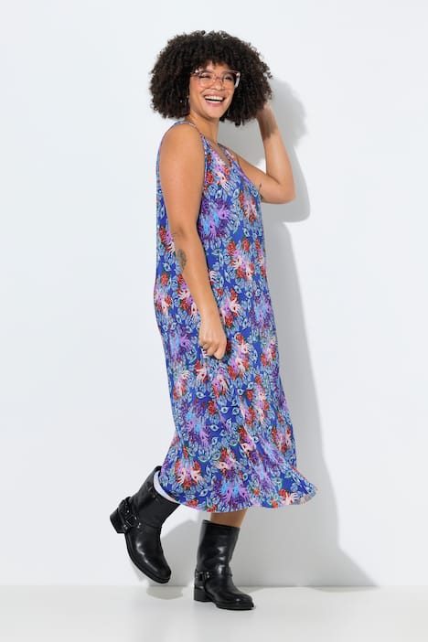 Plisseekleid, ärmellose A-Linie, Maxilänge, Rosenmuster